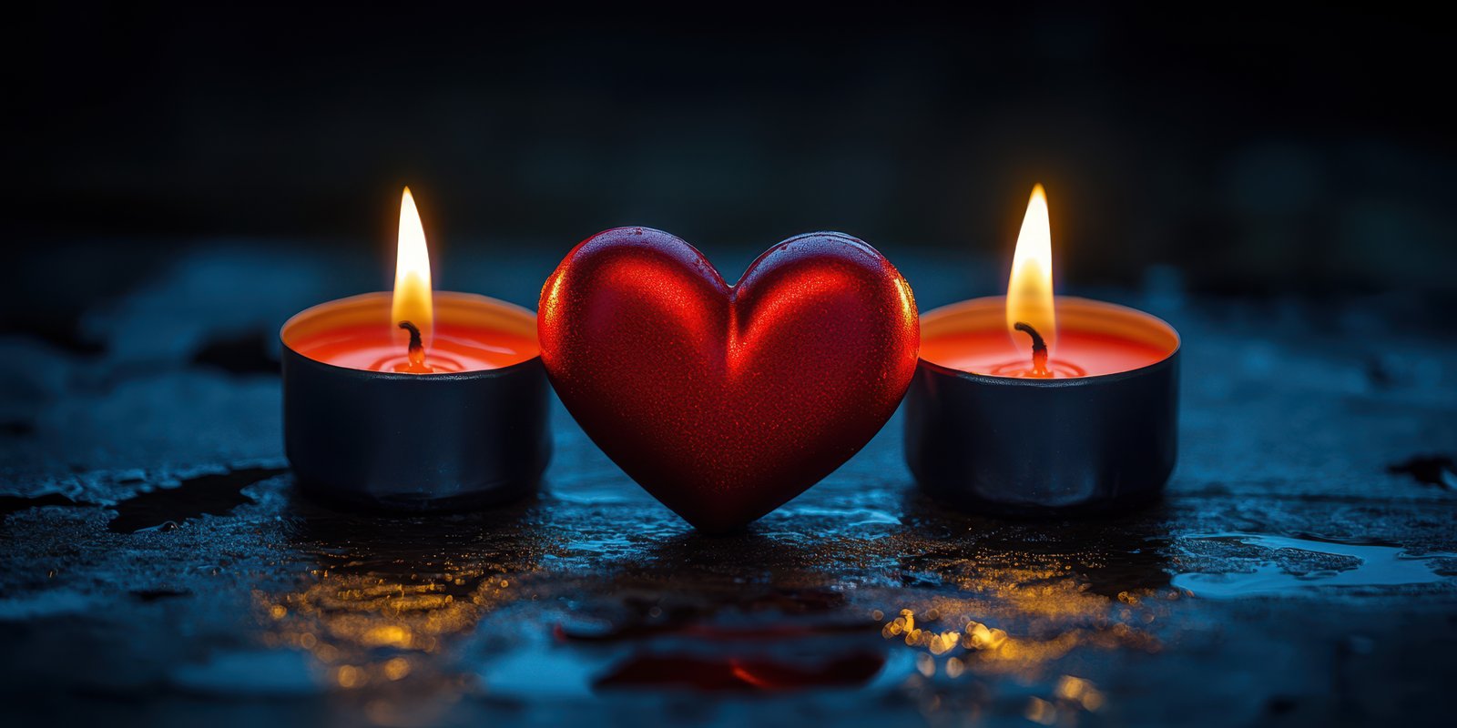 Romantic setting with candles and a heart shaped decoration during an evening